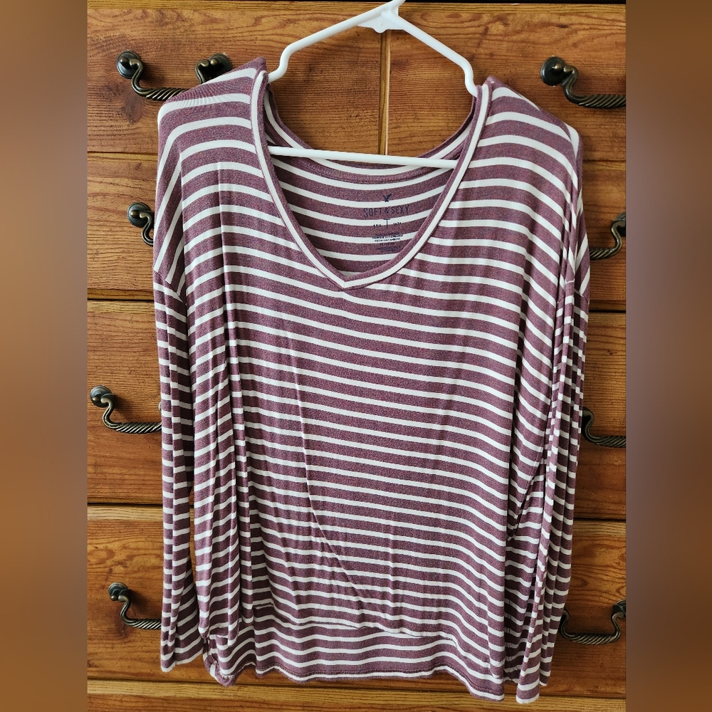 American Eagle Outfitters Maroon and White Striped Long Sleeve Tee